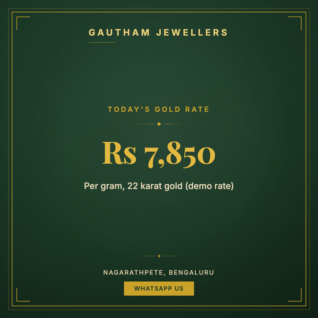 WhatsApp status poster: today's gold rate, 22K Rs 7,850 per gram, demo